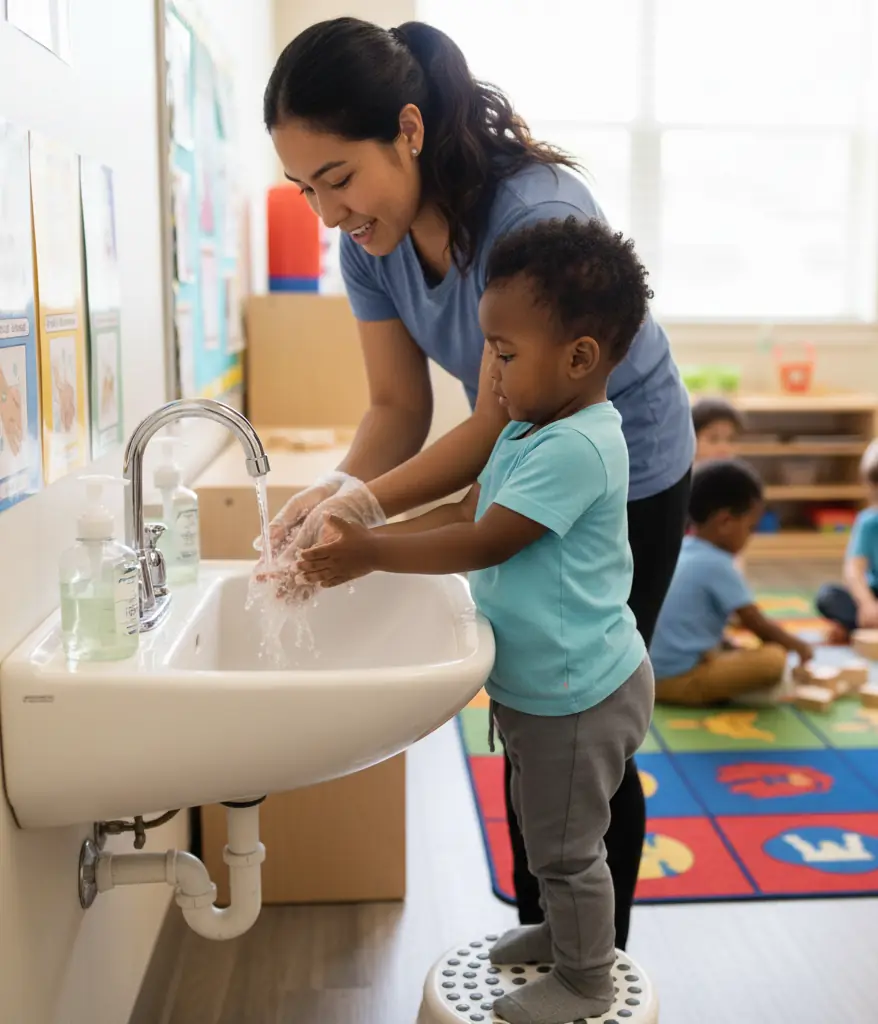 toddler handwashing in childcare setting
