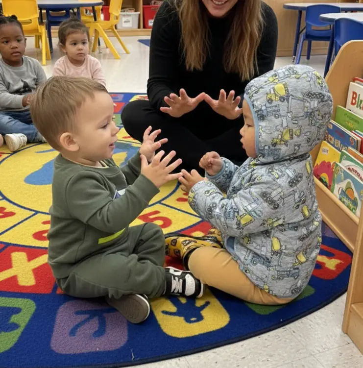 Caregiver leading fingerplay activity in daycare
