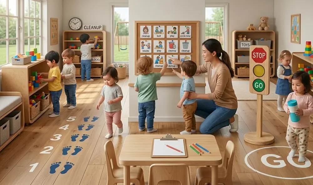 Structured daycare classroom with transition cues visible