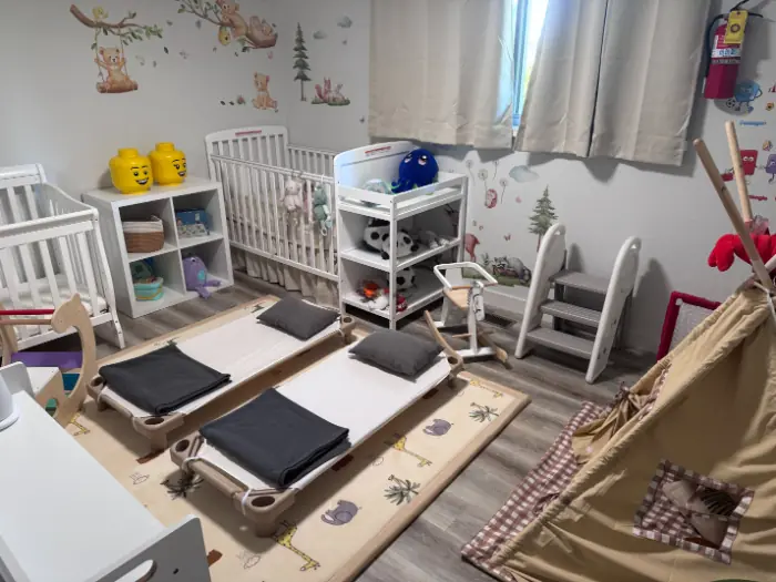Nap time: mats and cribs set out for rest